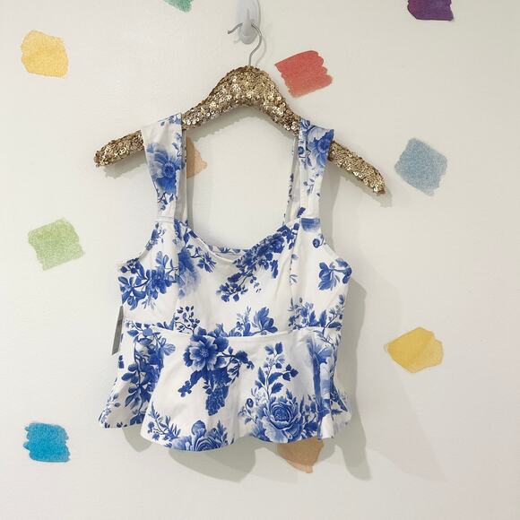 L Maeve Anthropologie Blue Floral Square Neck Peplum Crop Top NWT - Picture 3 of 6